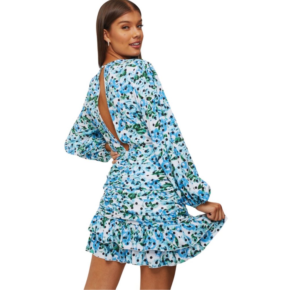 River Island floral print drapey skater Polka dot dress blue, UK size 8 (US 4) - Picture 2 of 8